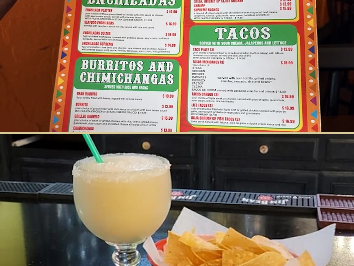 Margaritas beside chips and salsa.
