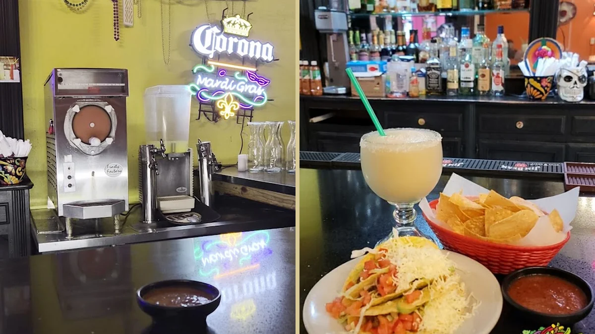 Margaritas beside chips and salsa.
